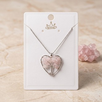 Pembe Kuvars Hayat Ağacı 316L Çelik Kalp Kolye