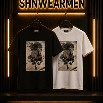 Hermes At Desenli Premium Oversize T-Shirt Siyah/Beyaz