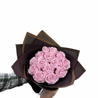 14 ADET PEMBE SATEN GÜL BUKETİ-EL YAPIMI