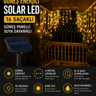 Güneş Enerjili Saçak Led 4 Metre 16 Saçaklı Işık Ip Perde Sarkıt Solar