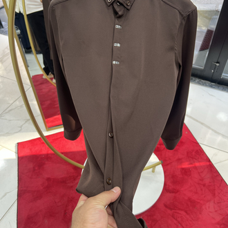 Premium Gizli düğme detay Slim Fit kahve Gömlek