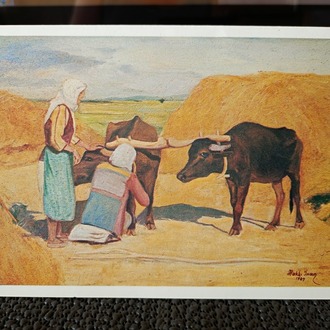 RESSAM HAKKI İNAN 1987 KASTAMONUDA HASAT  KONULU TEBRİK KARTI. ISLAK İMZALI.
