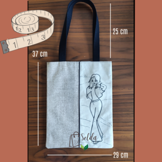 Keten Tote Çanta - At Desenli Pamuk Astarlı - El Çizimi - El Yapımı - Kişiye Özel Tasarım