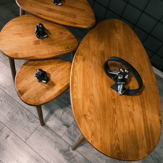 4lü set Doğal masif ahşap damla model Orta sehpa ve 3lü zigon takımı Açık Meşe
