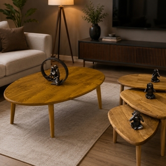 4lü set Doğal masif ahşap damla model Orta sehpa ve 3lü zigon takımı Eskitme