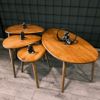 4lü set Doğal masif ahşap damla model Orta sehpa ve 3lü zigon takımı Açık Meşe