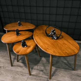 4lü set Doğal masif ahşap damla model Orta sehpa ve 3lü zigon takımı Açık Meşe