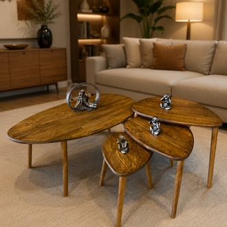 4lü set Doğal masif ahşap damla model Orta sehpa ve 3lü zigon takımı Venge