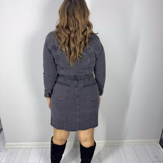 Gri Düğme Detaylı Uzun Kol Denim Elbise