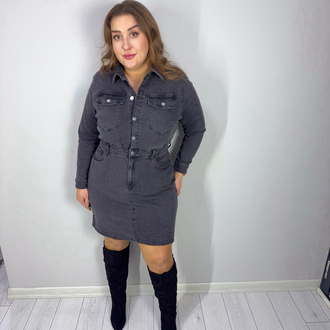 Gri Düğme Detaylı Uzun Kol Denim Elbise