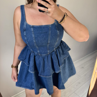 Volan Detaylı Denim Elbise