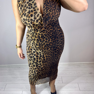 Degaje Yaka Örme Tül Maxi Leopar Elbise
