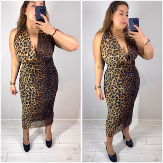 Degaje Yaka Örme Tül Maxi Leopar Elbise