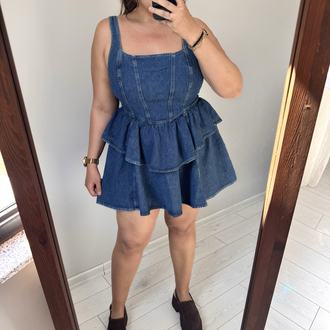 Volan Detaylı Denim Elbise