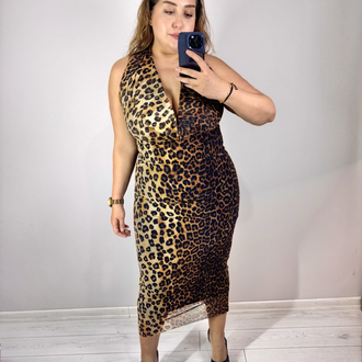 Degaje Yaka Örme Tül Maxi Leopar Elbise