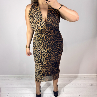 Degaje Yaka Örme Tül Maxi Leopar Elbise