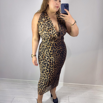 Degaje Yaka Örme Tül Maxi Leopar Elbise