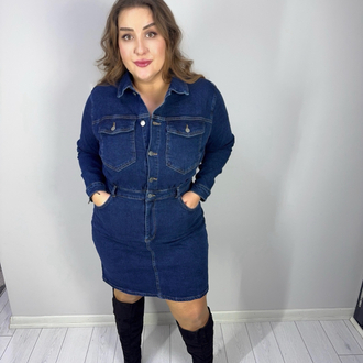 İndigo Düğme Detaylı Uzun Kol Denim Elbise