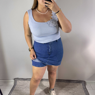 Koyu Mavi Denim Bel Lastik Detay Şort Etek