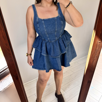 Volan Detaylı Denim Elbise