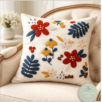 Beyaz Dekoratif Yastık | Panch Nakış 40W40D Cozy Muse Genel Kullanım Bahar Temalı