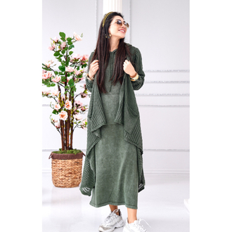 File uzun hırka kapüşonlu sweat elbise