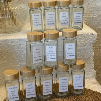 12 Adet Bambu Kapaklı Kare Baharatlık Seti 
