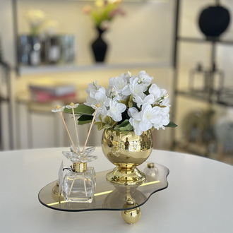 Eğri Bronz Cam Tepsi Gold Metal Top Ayaklı