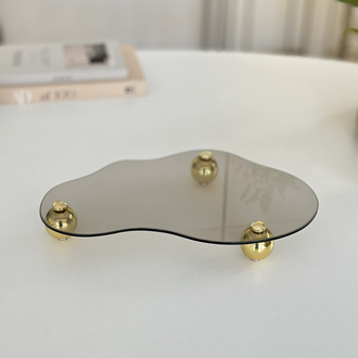 Eğri Bronz Cam Tepsi Gold Metal Top Ayaklı