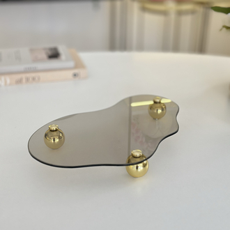 Eğri Bronz Cam Tepsi Gold Metal Top Ayaklı