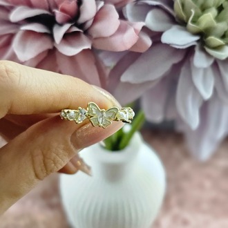İnci ve Zirkon Taşlı Kelebek Detaylı Gold Renk Ayarlanabilir Yüzük