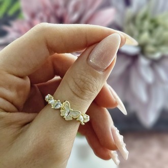 İnci ve Zirkon Taşlı Kelebek Detaylı Gold Renk Ayarlanabilir Yüzük