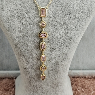 Gold Renkli Pembe Taşlı Y Kolye