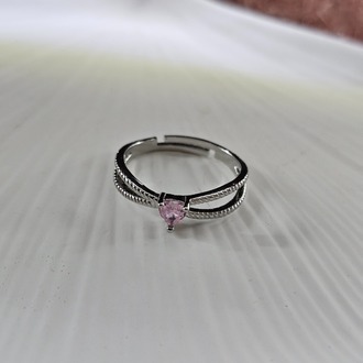 Zirkon Taşlı Pembe Kalpli Gümüş Renk Ayarlanabilir Yüzük