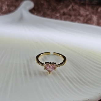 Zirkon Taşlı Pembe Kalp Detaylı Gold Renk Ayarlanabilir Yüzük