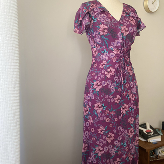 Vintage Mor Çiçek Desenli Korse Detaylı Maxi Elbise
