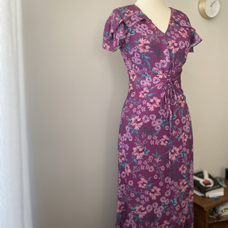 Vintage Mor Çiçek Desenli Korse Detaylı Maxi Elbise
