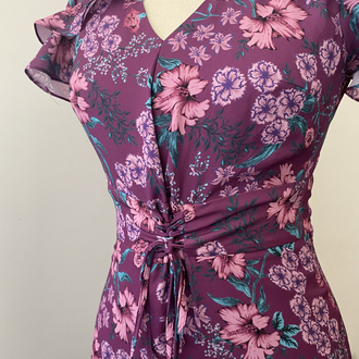 Vintage Mor Çiçek Desenli Korse Detaylı Maxi Elbise