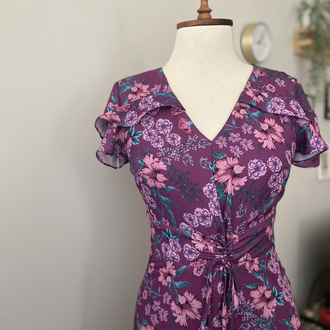 Vintage Mor Çiçek Desenli Korse Detaylı Maxi Elbise