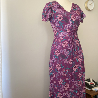 Vintage Mor Çiçek Desenli Korse Detaylı Maxi Elbise