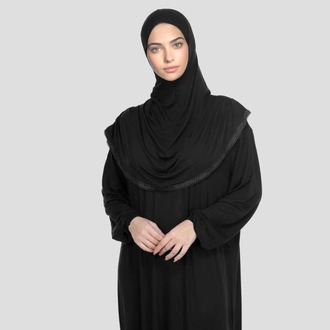 Kadın Tesettür Pamuklu Başörtülü Namaz Elbisesi Dantelli Tek Parça Penye Kumaş 