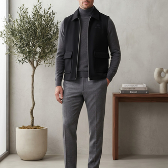 Loro Piana Premium Siyah Fermuarlı Cep Detaylı Yelek