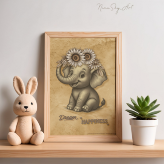 Dream Happiness Elephant — Vintage Kraft Premium Printable Art