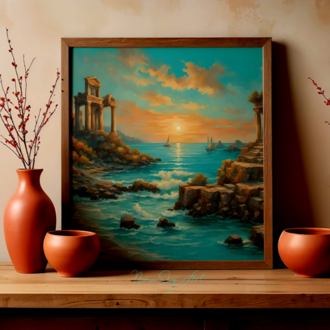 Sunset Yachting Near Ancient Ruins Panel 3 — Premium Printable Art