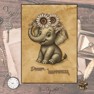 Dream Happiness Elephant — Vintage Kraft Premium Printable Art