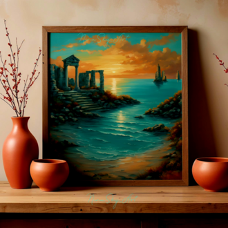 Turquoise Mediterranean Ancient Sunset Panel 4 — Premium Printable Art