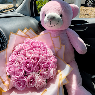 1 Metre Peluş Ayı + Dev Pembe Gül Buket’i