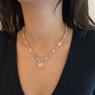 Pembe Kuvars Doğal Taş Kristal Boncuk Silver Aksesuar El Yapımı Minimal Kadın Kolye