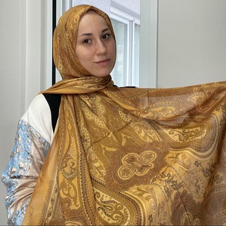 Luvensara Desenli Ipek Şal Pd1 - Hardal
