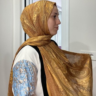 Luvensara Desenli Ipek Şal Pd1 - Hardal